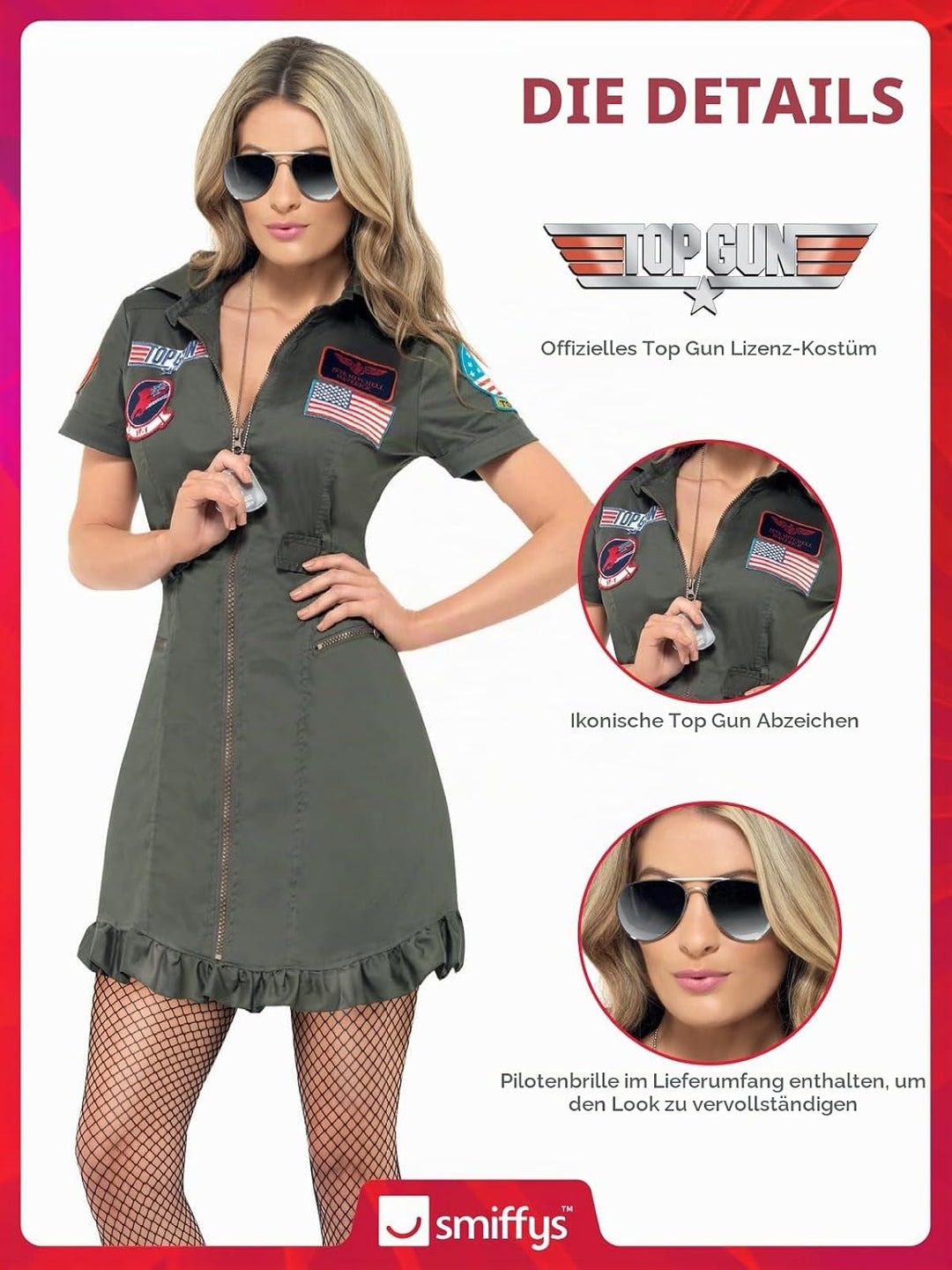 Smiffys, Sexy Damen Top Gun Deluxe-Kostüm, Kleid und Sonnenbrille, Top Gun, Grösse: L, 26854 Grösse: