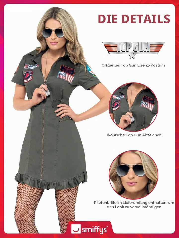 Smiffys, Sexy Damen Top Gun Deluxe-Kostüm, Kleid und Sonnenbrille, Top Gun, Grösse: L, 26854 Grösse: