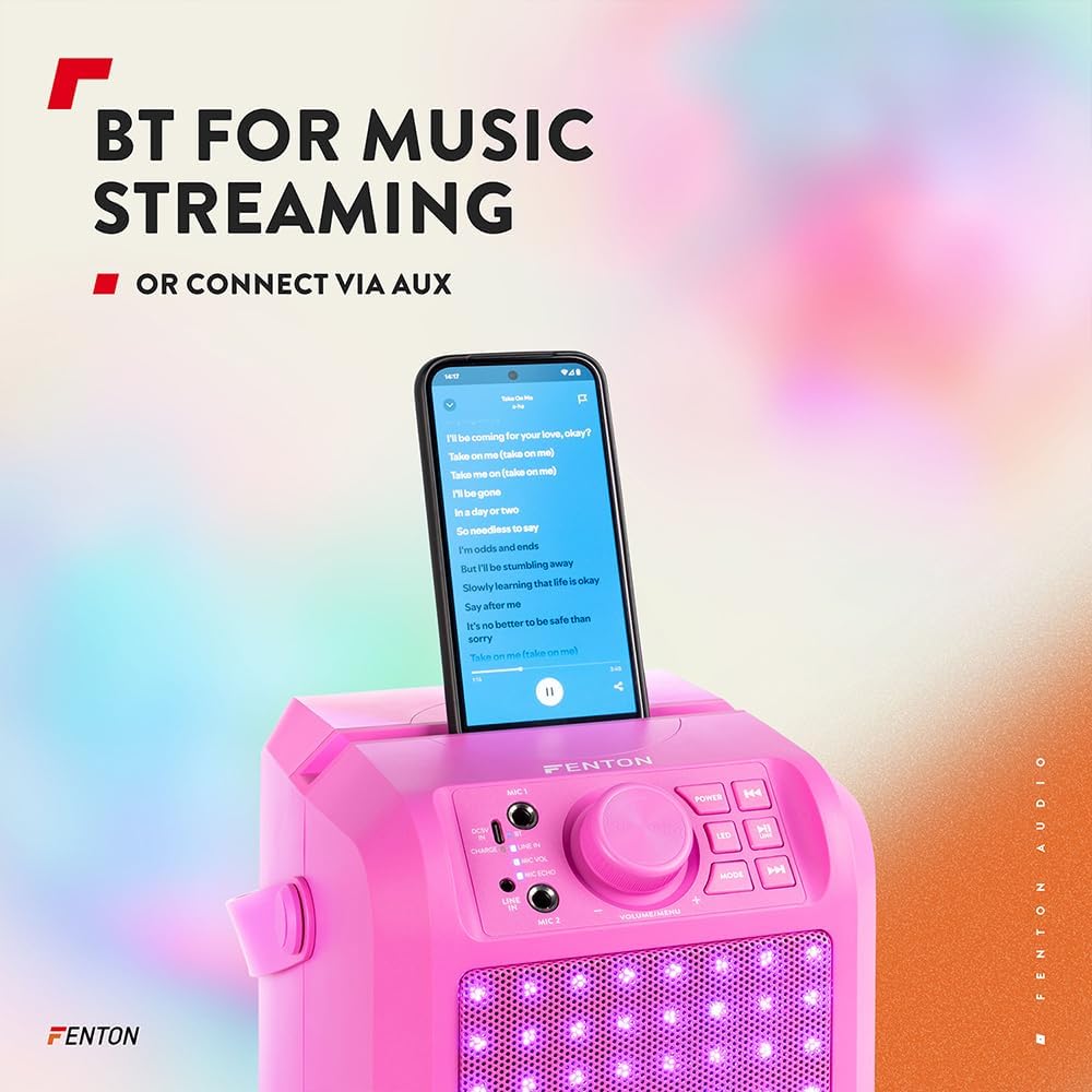 Fenton KAR55P – Musikbox Kinder Karaoke Anlage mit 2 Mikrofonen, LED- Matrix Panel, Bluetooth, 10 St