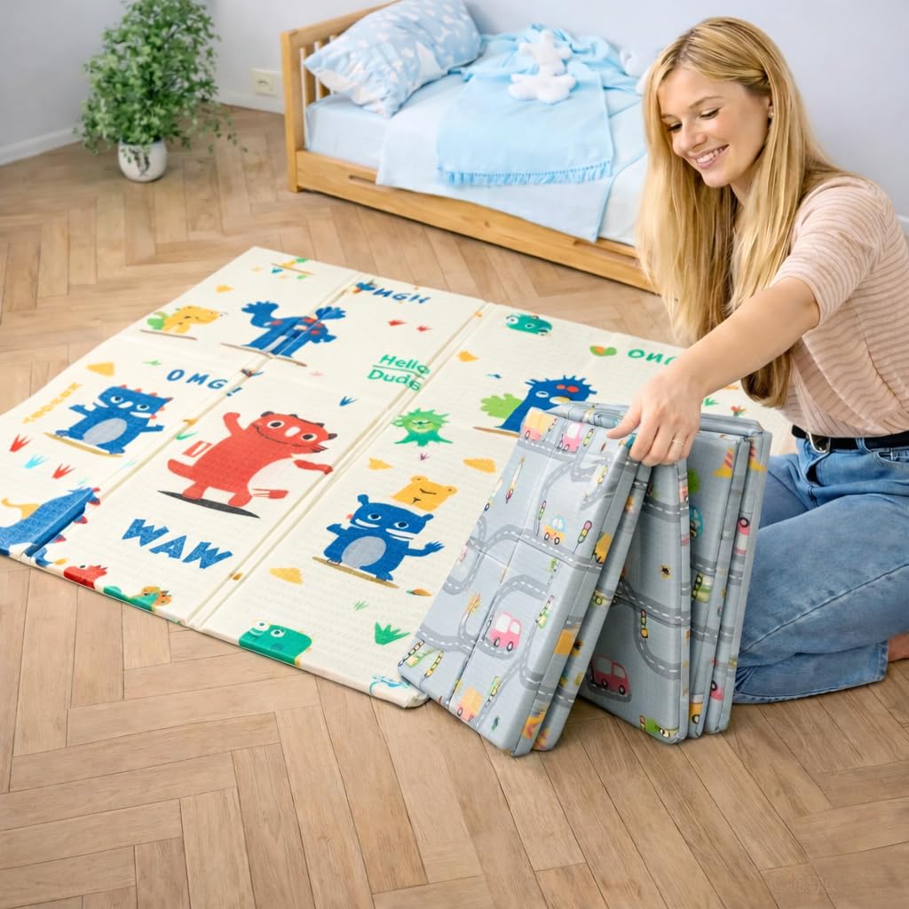 Krabbelmatte Baby, faltbar, doppelseitig, 150x180cm Dinosaurier und Autos | Kinder Spieldecke, Rutsc
