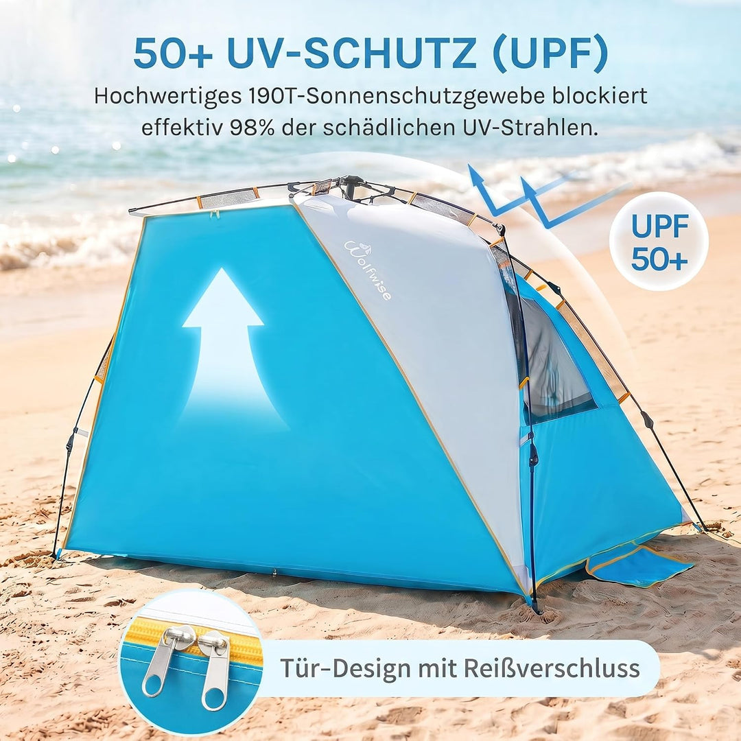 WolfWise Strandmuschel mit Schnellaufbau für 4-5 Personen – UV-Schutz 50+, Wasserabweisend, Privater