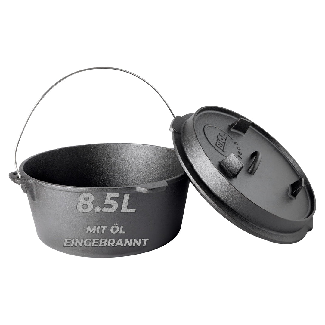 BIOL Dutch Oven 8,5 Liter aus Gusseisen – Eingebrannter Feuertopf mit Deckelheber und Doppelfunktion