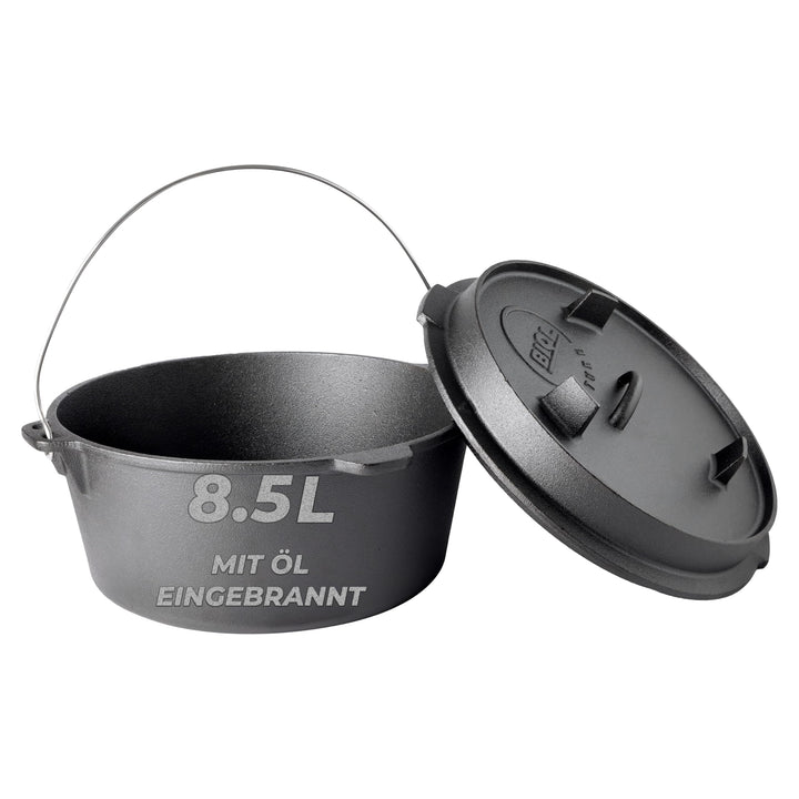 BIOL Dutch Oven 8,5 Liter aus Gusseisen – Eingebrannter Feuertopf mit Deckelheber und Doppelfunktion