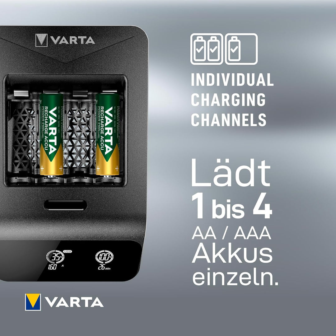 VARTA Akku Ladegerät, inkl. 4x AA 2100mAh, Batterieladegerät für wiederaufladbare AA/AAA, LCD Smart