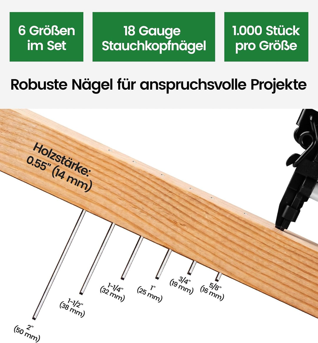 meite Stauchkopfnägel 18GA, 6.000 Stück Sortiment in 6 Grössen (16mm, 19mm, 25mm, 32mm, 38mm, 50mm),