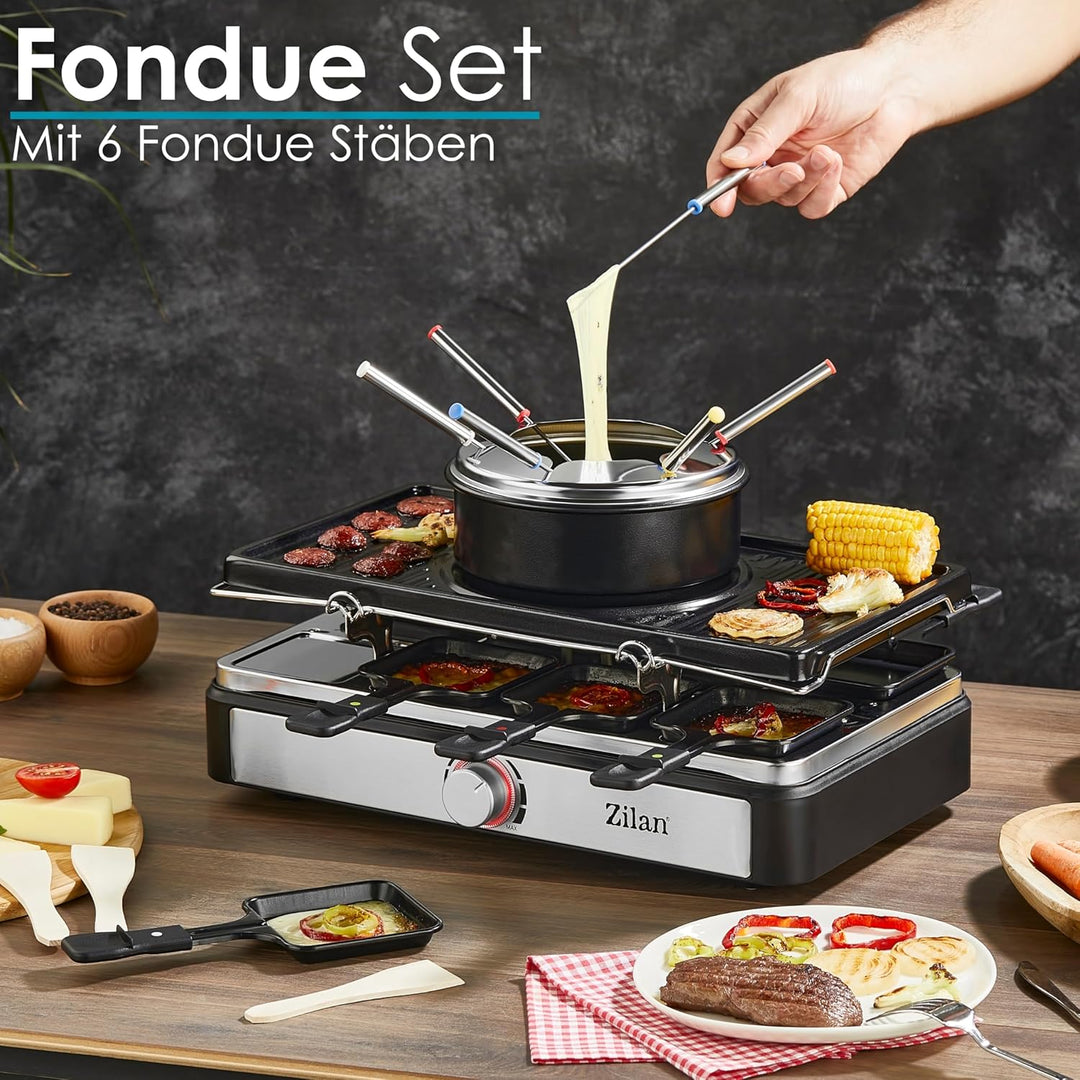 Raclette Grill mit Fondue Set | Raclette Gerät | 8 Personen | Tischgrill | Party Grill | Elektro Gri
