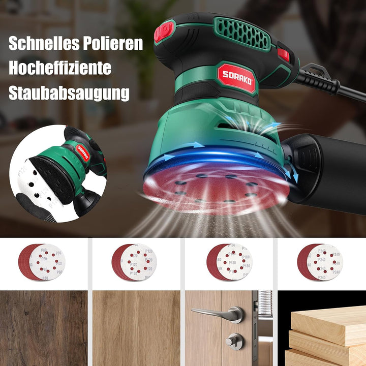 SORAKO Exzenterschleifer 350W 125MM,6 Geschwindigkeiten,16 Schleifpapiere, Staubsammlung Schnellbrem