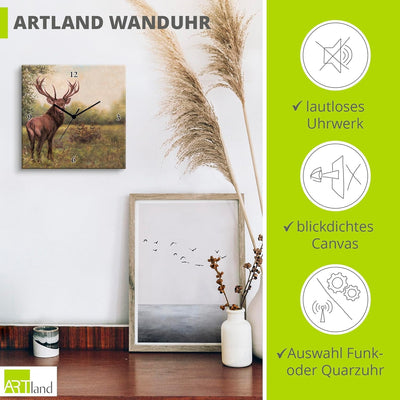 ARTLAND Wanduhr ohne Tickgeräusche Leinwand Quarzuhr 30x30 cm Quadratisch Lautlos Hirsch Tiere Wald