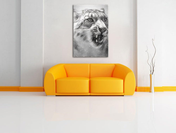 Schneeleopard zeigt Zähne Deluxe Format: 100x70 cm auf Leinwand, XXL riesige Bilder fertig gerahmt m