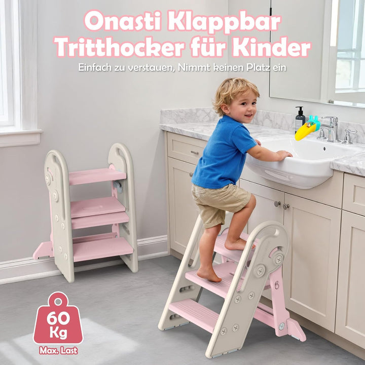 Onasti Tritthocker Kinder, Höhenverstellbar 3 Stufen Hocker Kinder, Trittschemel für Baby mit Handha