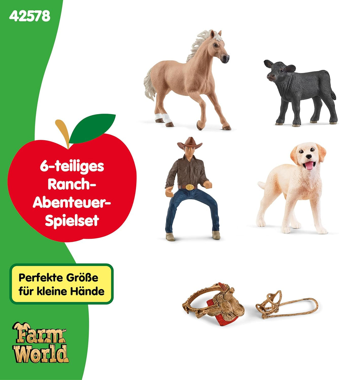 SCHLEICH Farm World | Westernreiten 42578 | Bauernhof Set mit Cowboy, Pferd, Kuh und Hund sowie Zaum