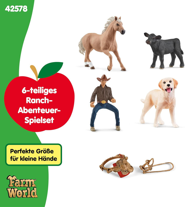 SCHLEICH Farm World | Westernreiten 42578 | Bauernhof Set mit Cowboy, Pferd, Kuh und Hund sowie Zaum