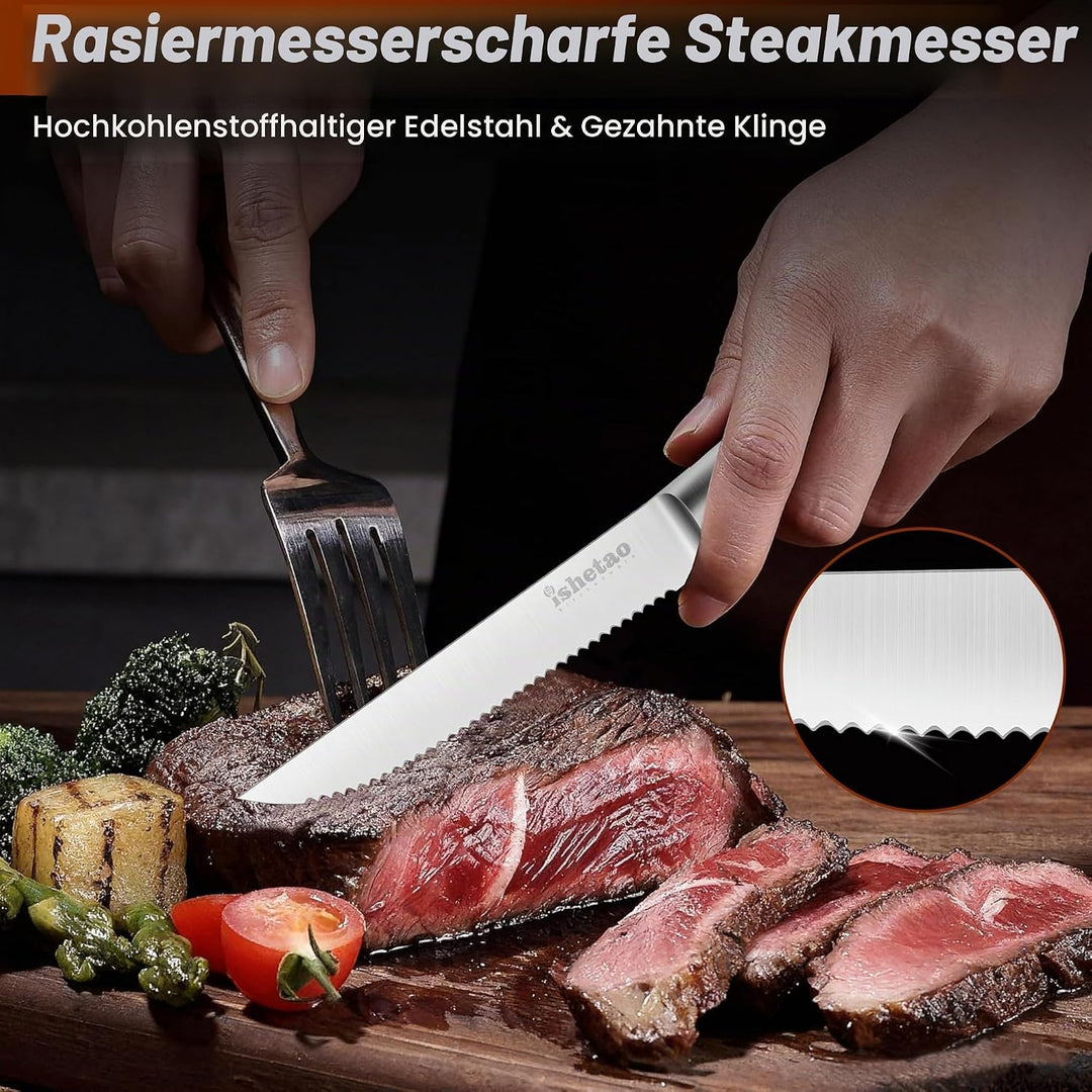 isheTao Steakmesser-Set, 6-teilig, Extra Scharfe Klinge, Wellenschliff, spülmaschinengeeignet, 12 cm