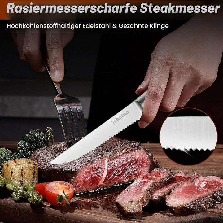 isheTao Steakmesser-Set, 6-teilig, Extra Scharfe Klinge, Wellenschliff, spülmaschinengeeignet, 12 cm