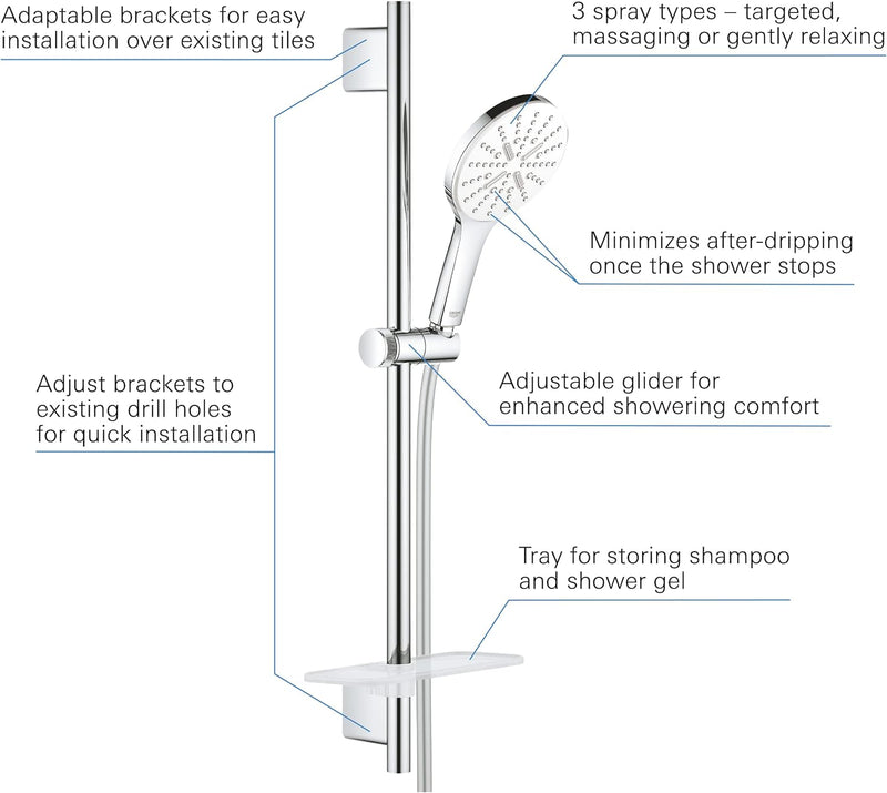 GROHE Rainshower 130 SmartActive | Brausestangenset 3 Strahlarten | Moon White | 26576LS0 Brausestan