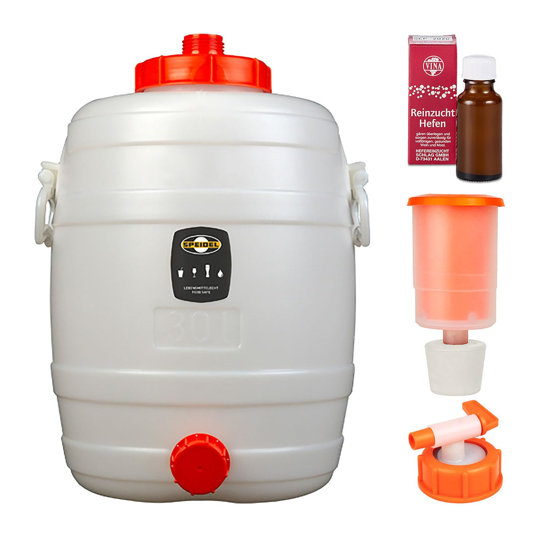 Mostfass 30 Liter Komplett Set inkl. Hahn, Gärspund und Hefe, Reinzuchthefe Steinberg, Gärfass (30 L