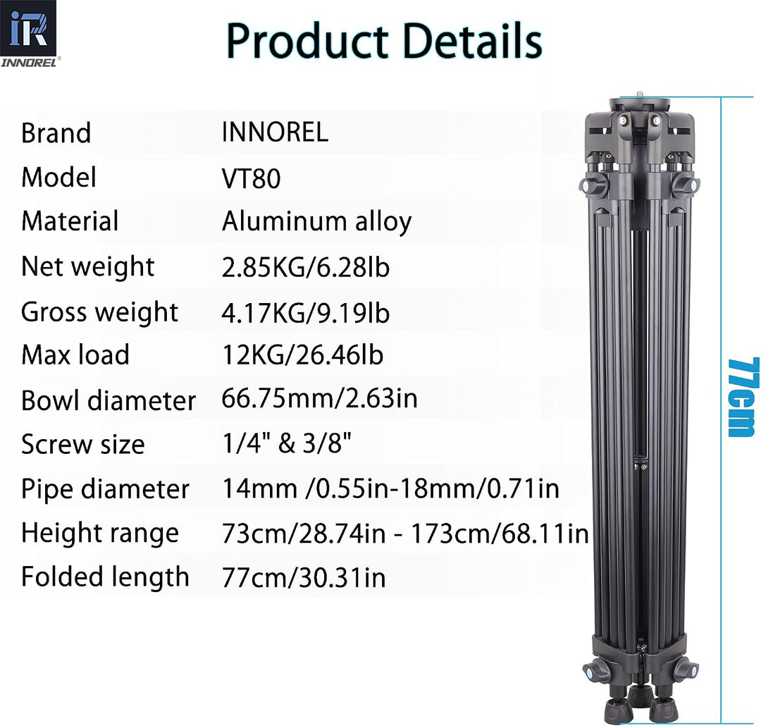 INNOREL VT80 Professionelles Video Stativ System, 150cm/59Zoll Hochleistungs Aluminium Doppelrohrsta