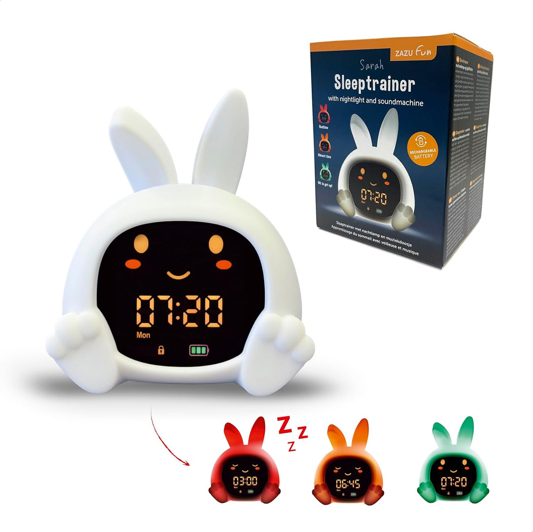 ZAZU Sarah Sleeptrainer für Kinder – Nachtlicht (5 Farben), Soundmaschine, Wecker mit 6 Sounds, Auge