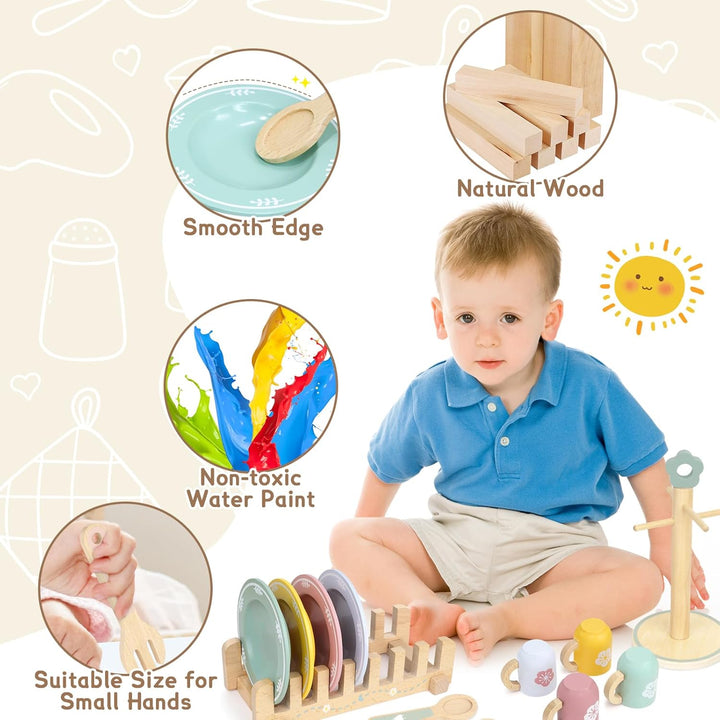 Kinderküche Geschirr Teeservice Kinder Holz, 29 Pcs Montessori Küchenzubehör mit Tassen Teller, Spie