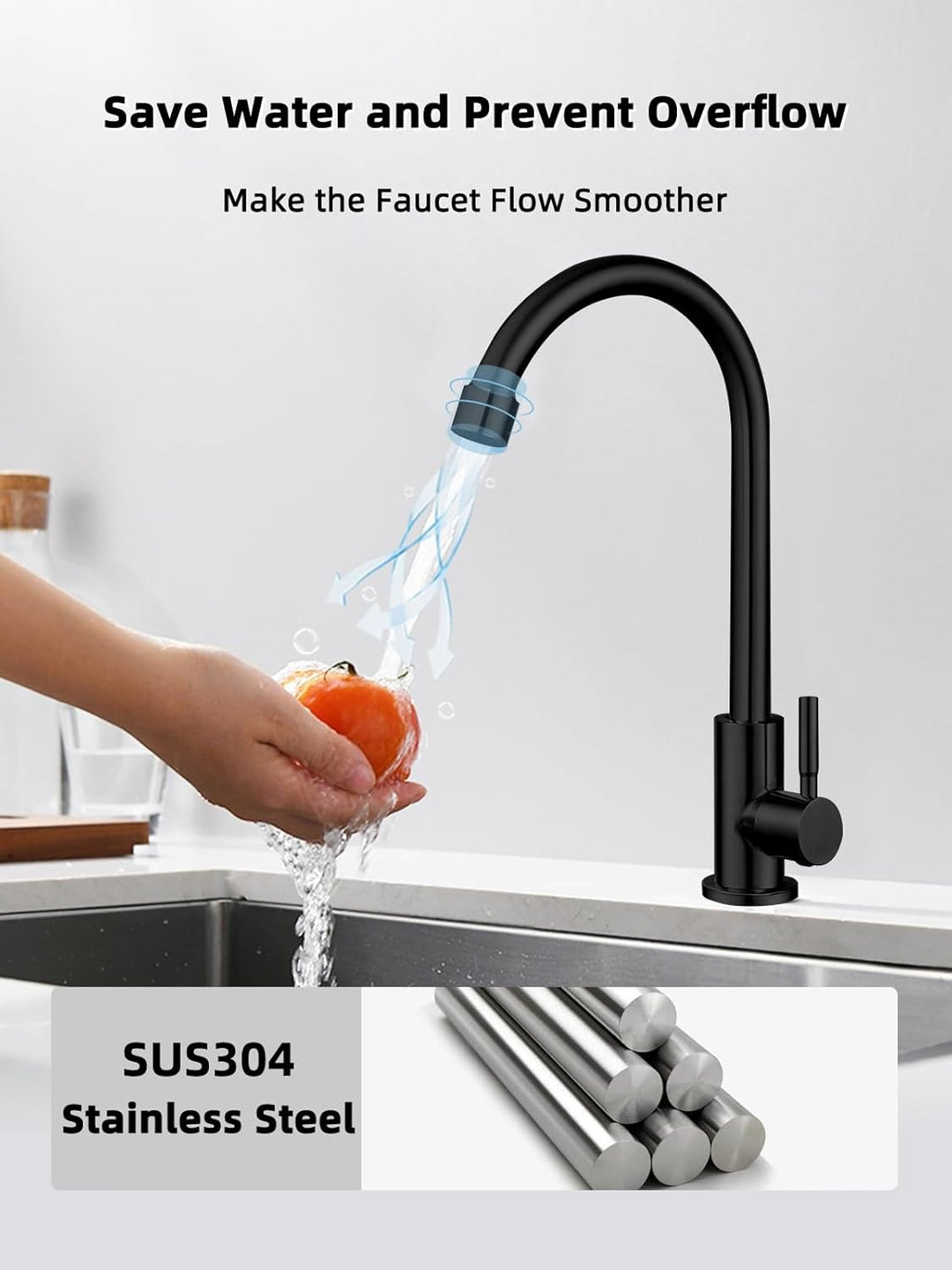 Nur Kaltwasser-Wasserhahn, SUS304 Edelstahl, Wasserhahn für Küchenspüle, schwarzer Wasserhahn, hoher