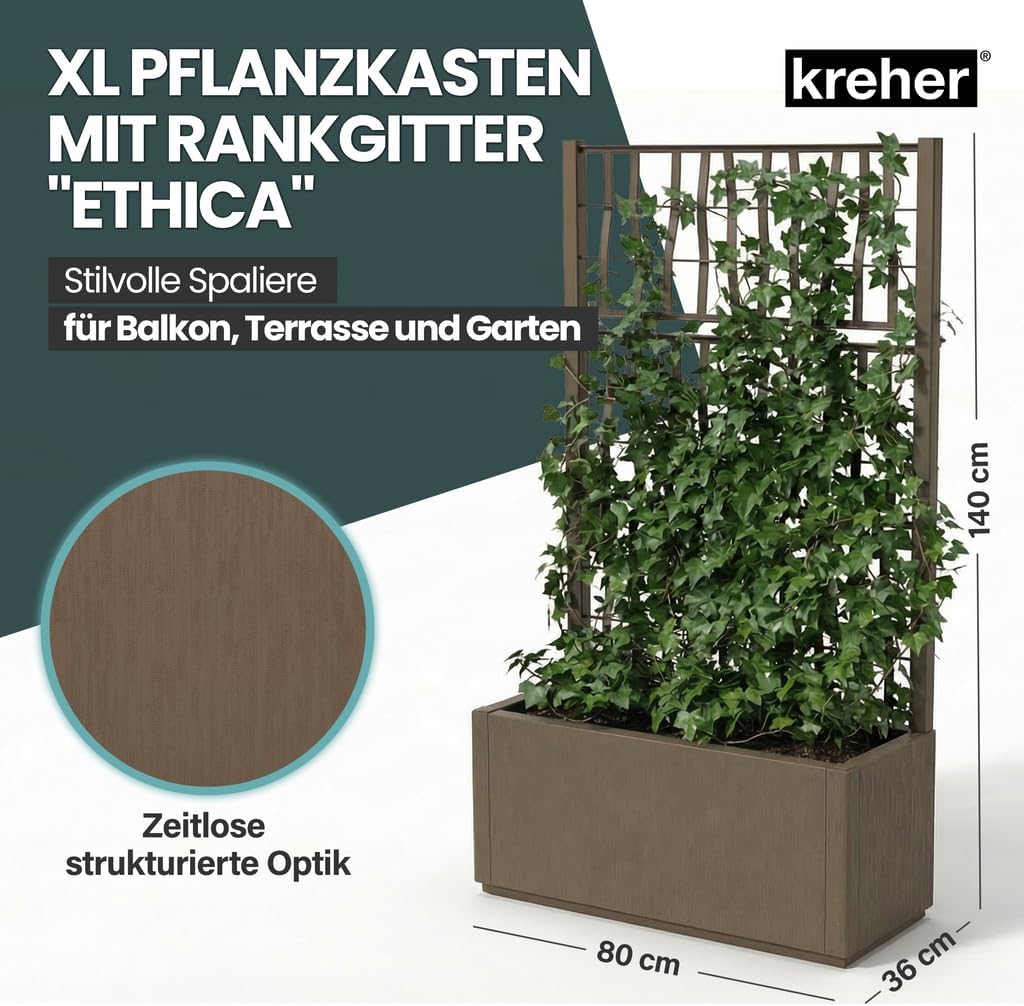 2 x Kreher® XL Rankgitter, Spalier mit Pflanzkasten aus robustem Kunststoff. Masse BxTxH in cm: 80 x