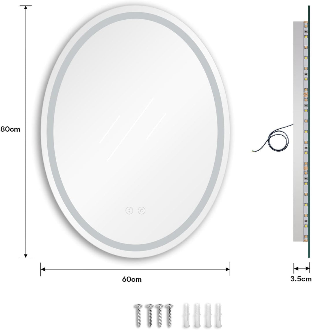 Dripex Badezimmerspiegel mit Beleuchtung Oval Led Badspiegel mit Touch-Schalter, Dimmbar, 3 Lichtfar