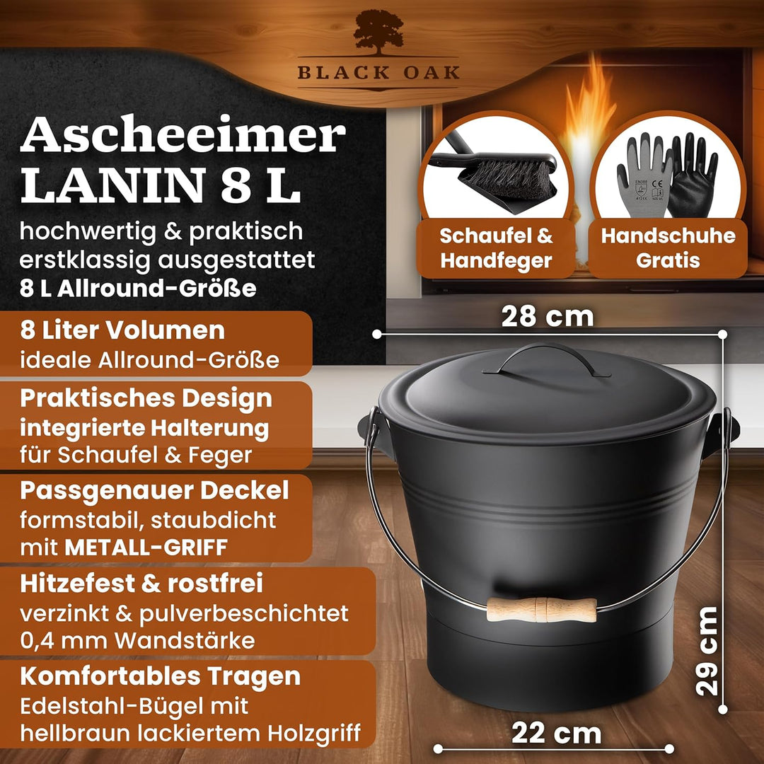 BLACK OAK Ascheeimer LANIN 8L - Asche-Eimer schwarz mit Deckel & Holz-Griff HELL + Feger + Schaufel