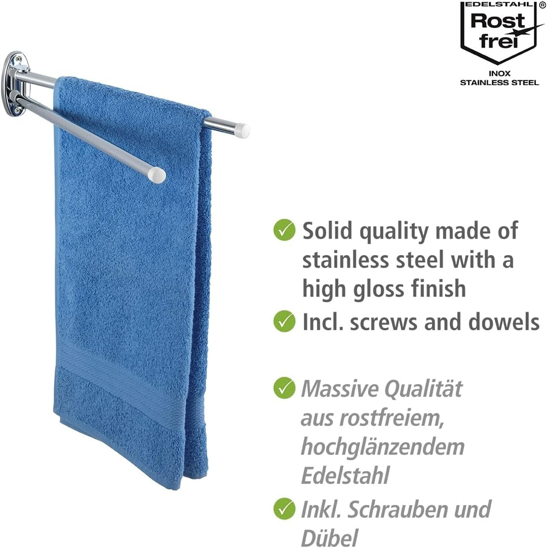 WENKO Handtuchhalter Basic mit 2 Armen - bewegliche, runde Arme, Edelstahl rostfrei, 4.5 x 9.5 x 41