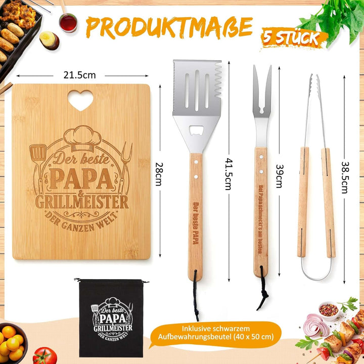Papa Geschenk 5 Stück Grillset inklusive Graviertes Bambus Schneidebrett und Grillbesteck Set mit Au