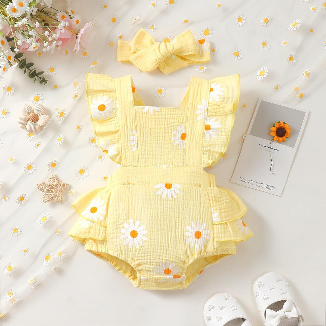 Neugeborenen Mädchen Kleidung Rüschenärmel Gänseblümchen Outfits Stirnband Basics für Neugeborene Ob