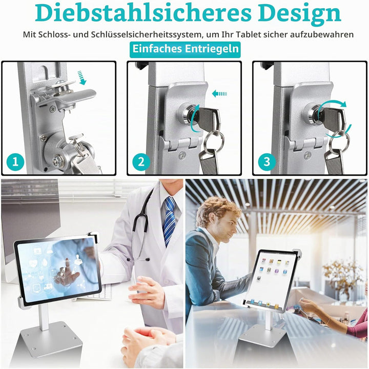Tischhalterung Tablet Diebstahlsicherung, Kiosk Tablet Stand mit Schloss, Anti Diebstahl Desktop Tab