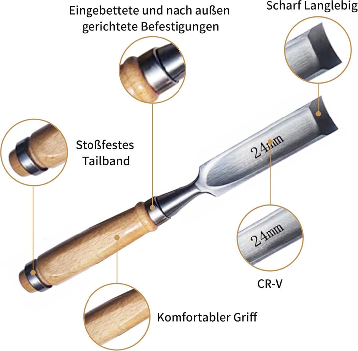 4 Stück Holz Meissel Set, Stechbeitel Rund Gebogen Hohlbeitel Werkzeuge Set, CR-V Stahl halbkreisför