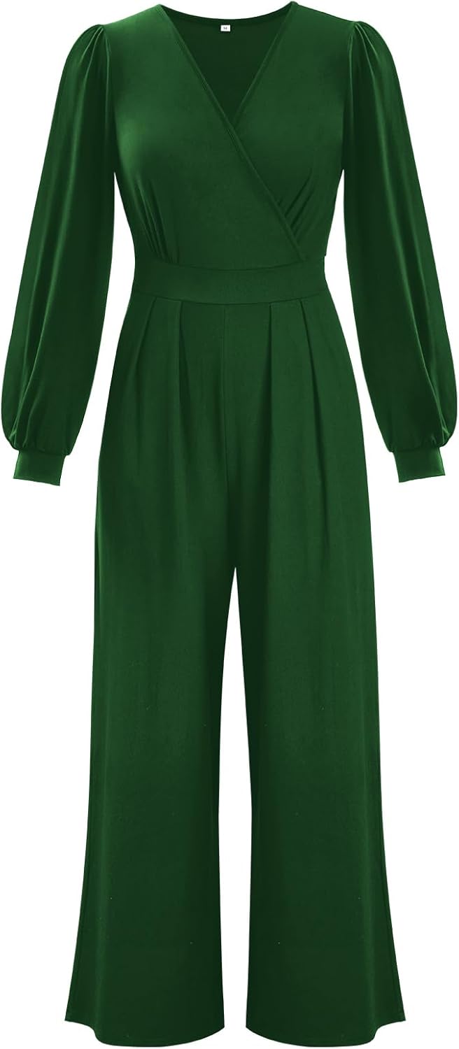 Tanmolo Damen Lang Jumpsuit Langarm V-Ausschnitt Overall Elegant Hosenanzug Weites Bein Romper Mit T