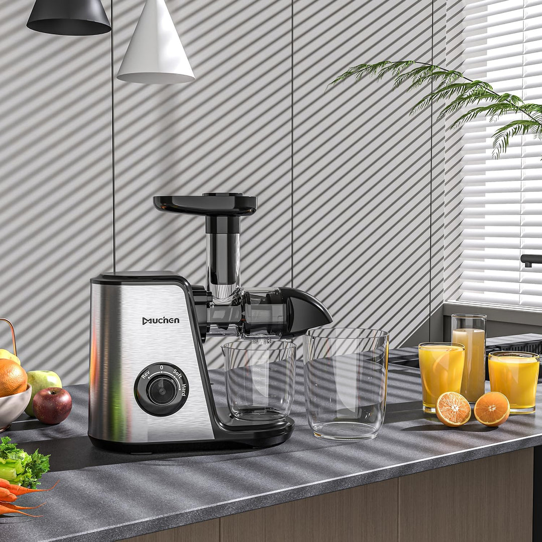 Muchen Slow Juicer Entsafter für Obst und Gemüse Ruhiger Motor Leichte Reinigung mit Rückwärts-Kau-F