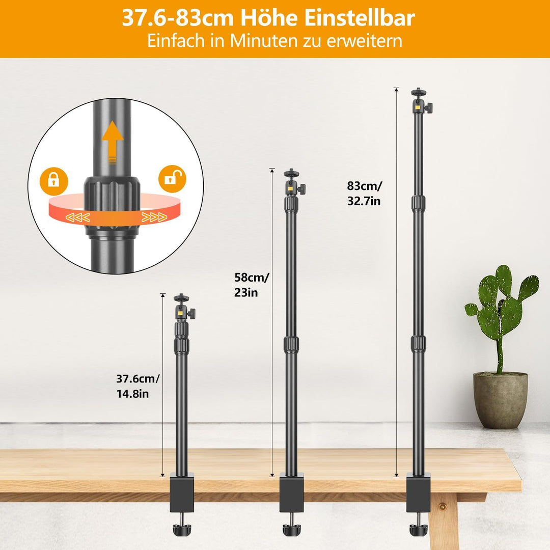 JEBUTU TL253 Kamera Tischstativ Lichtstativ, 43.5-102cm verstellbares Tablet Halterung mit 360ﾟKugel