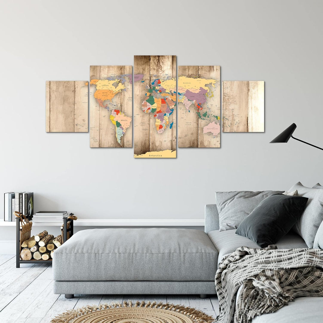 Runa Art - Bilder Weltkarte Holz 200 x 100 cm 5 Teilig XXL Wanddekoration Design Biege 108751a 200 x