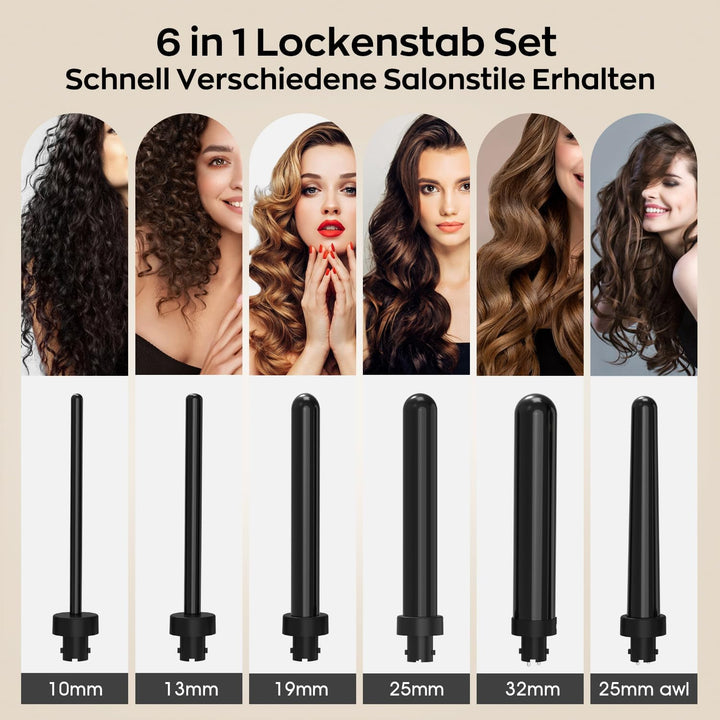 Welleneisen für Haare Keramik Set 6-in-1 Lockenstab mit Verschiedenen Aufsätzen Einstellbare 9-32mm