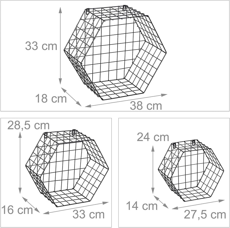 Relaxdays Wandregal 3er Set, Metall, 3 Grössen, Gitter-Design, Industrial, Hängeregal Hexagon, Dekor