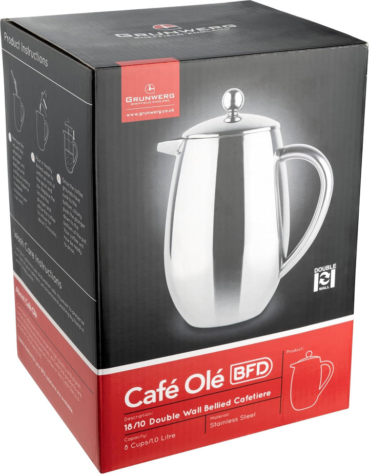 Café Olé BFD-06 Doppelwandiger, Bauchiger Kaffeebereiter aus hochwertigem Edelstahl 18/10 – Hochglan