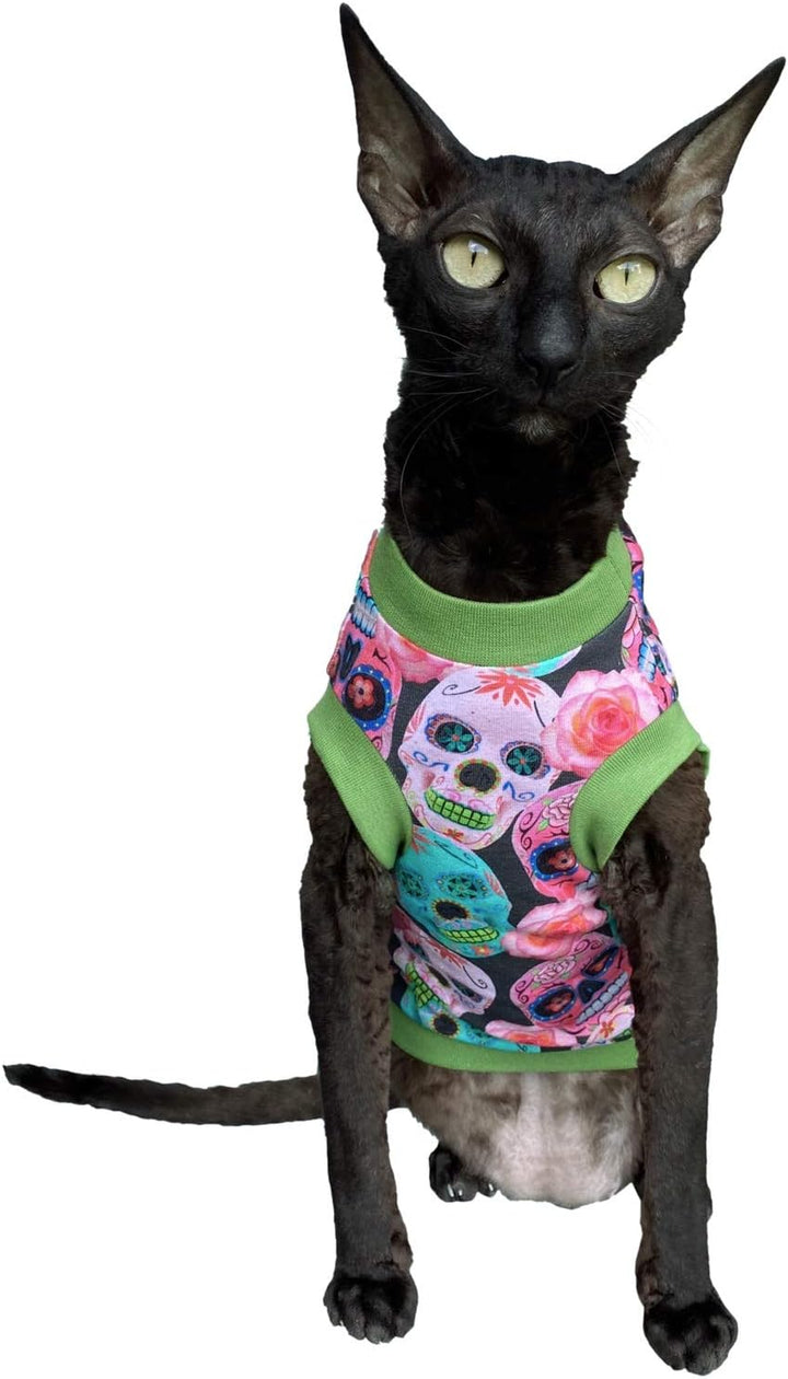Kotomoda T-Shirt fьr Sphynx-Katzen, haarlos, Baumwolle, Stretch, mexikanische Schдdel, Grцяe S, S