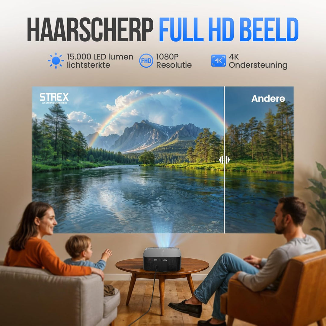 Strex Beamer - Smart 1080P Full HD Projektor - 4K Unterstützung - WiFi & Bluetooth - Eingebaute Laut