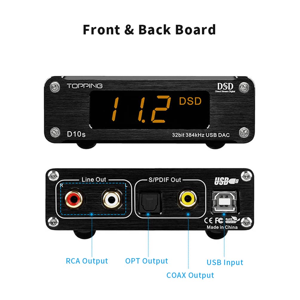 TOPPING D10s HiFi DAC USB Decoder HiFi XMOS XU208 ES9038Q2M DAC Optisch Koaxial DSD256 384kHz Audio