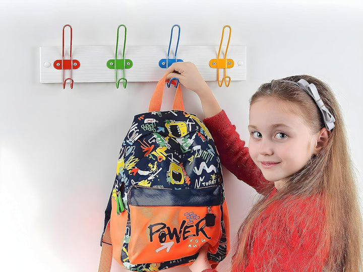 Kleiderhaken - Mattweiss - 4 Metallhaken - 43,5x7,5 cm - Kinderzimmer Garderobe mit Farbigen Haken -