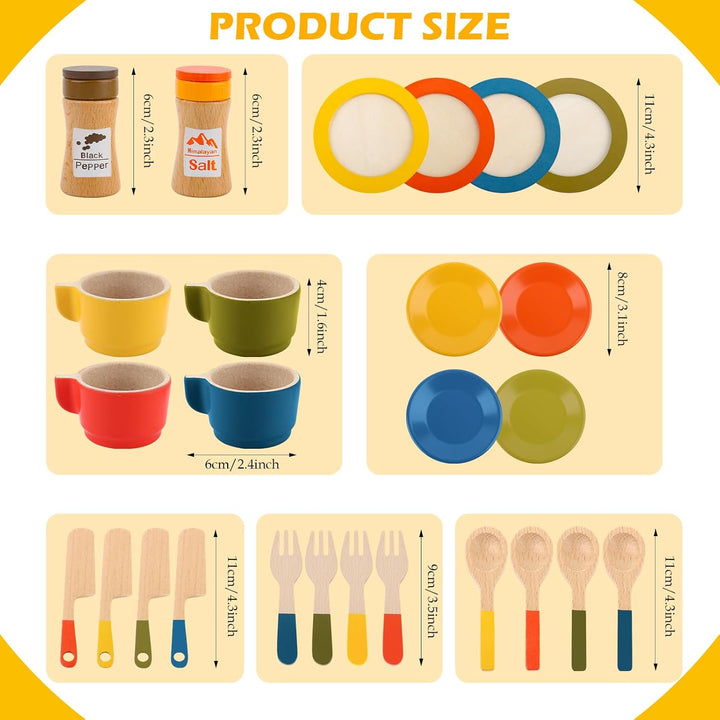26PCS Holzgeschirr Sett, Kinderküche Zubehör, Spielküche Geschirr für Kinder, Küche Zubehör Kinder,