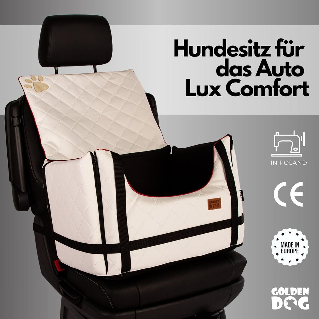Golden Dog - Transportbox Hund mit Sicherheitsgurt M-52x44x33 cm - Leder Imitation Autositz Hund, Wa