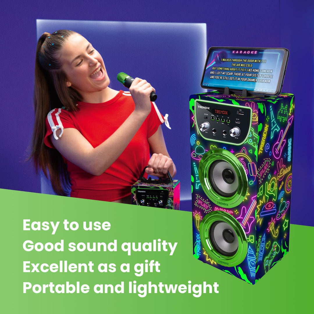 Trendix - Karaoke Maschine Kinder Neon World | Karaoke Anlage Mit 2 Mikrofonen | Musikbox Kinder Rad