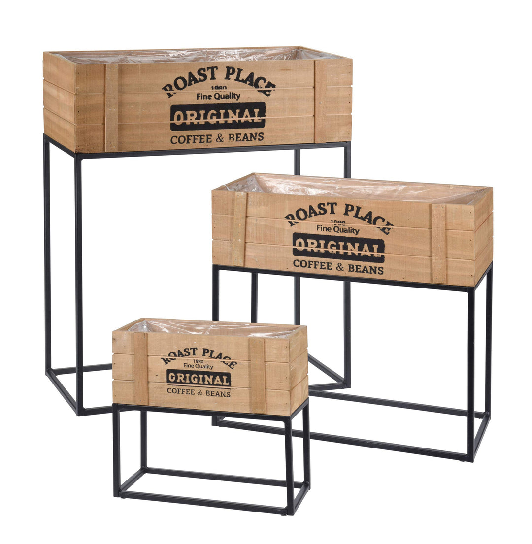 Spetebo Holz Blumenständer mit schwarzem Gestell - 3er Set - Metall Pflanzkasten Blumenkasten Pflanz
