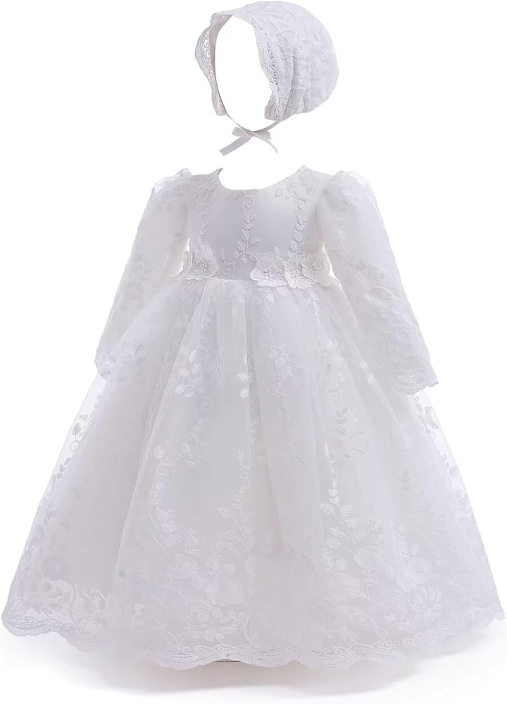 Leideur Baby Mädchen Taufe Kleid Lange Segenskleider Weiss Formale Brautkleider für Neugeborene 6-9