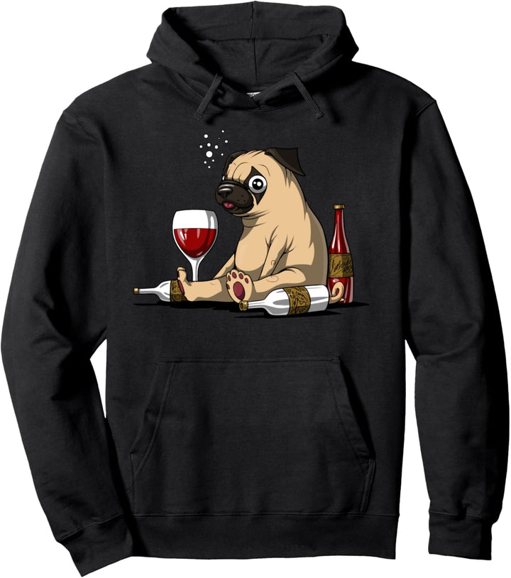 Mops Hund Wein Trinken Party Feier Männer Dammen Pullover Hoodie