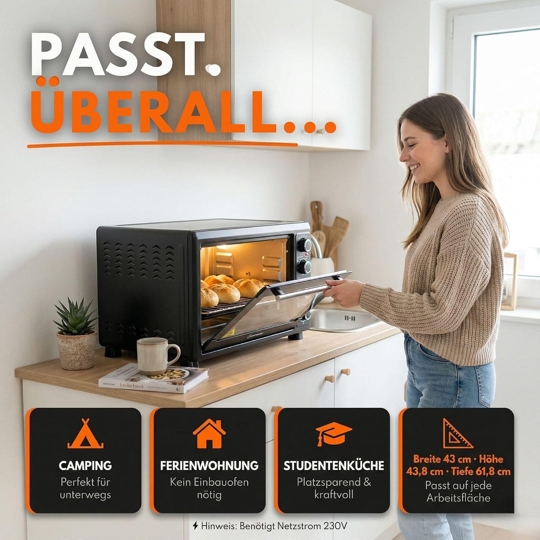 Sommertal Minibackofen 45L | 2000W, Drehspiess, Umluft, 100-230°C, 60min | Hähnchengrill, Konvektion